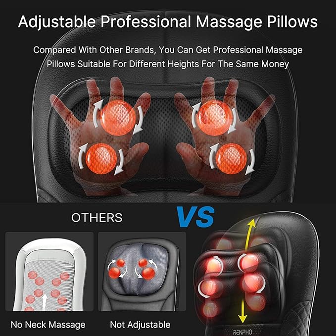 Renpho Massage Cushion, Back Massager for Chair, Shiatsu Chair Massager with Heat for Neck, Back, Shoulders, Height Adjustable, Use at Home & Office