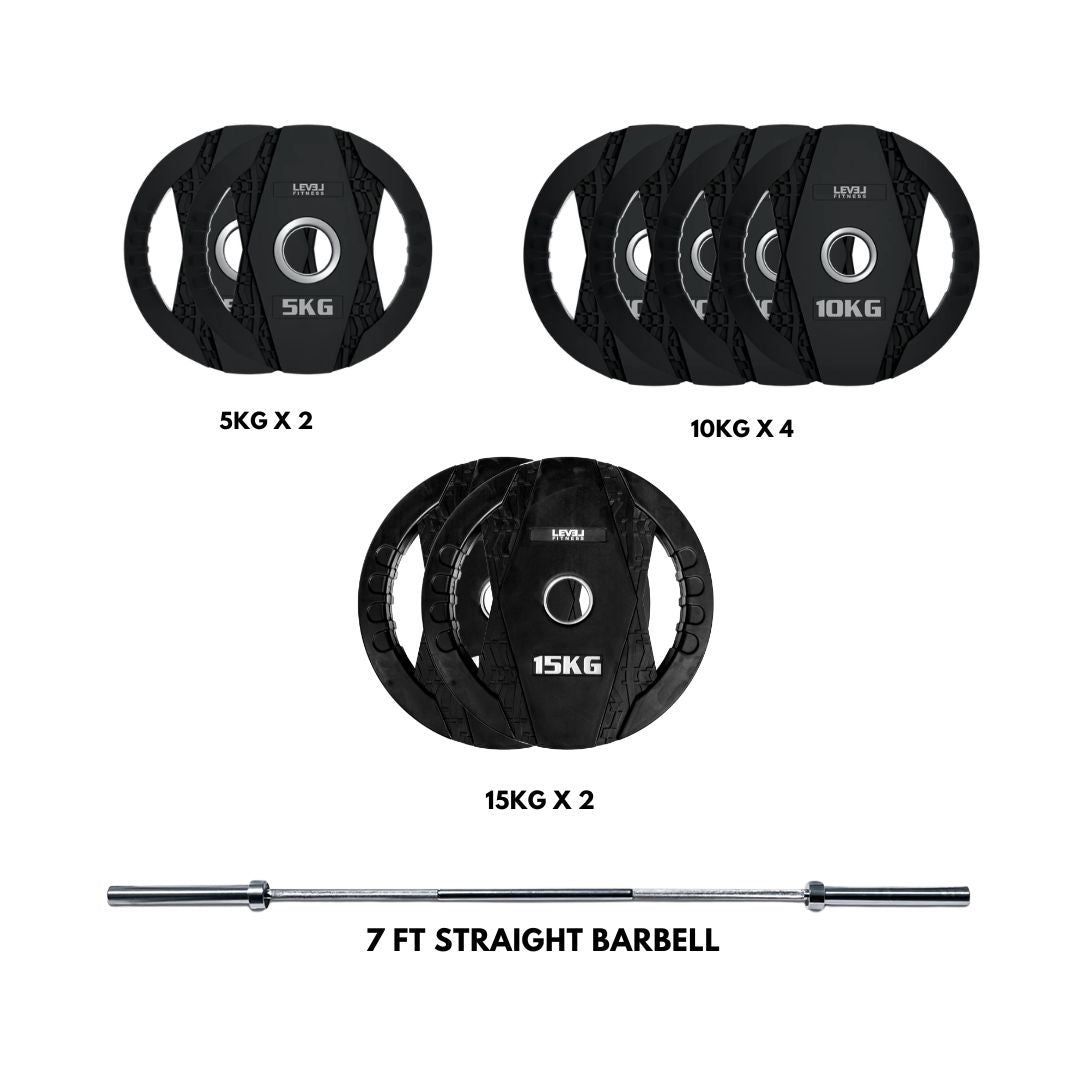 Level Fitness Dual-Grip Olympic Plate & Barbell Combo | 100KG Sets