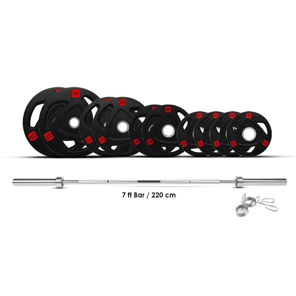 Combo 1441 Fitness 7 Ft Olympic Bar With Tri Grip Black Olympic Plates Set | 100 Kg