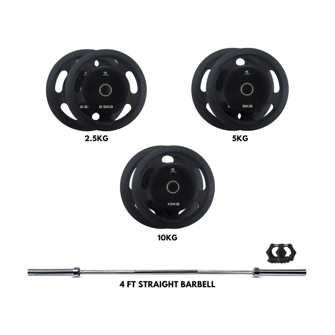 Ta Sport Olympic Rubber Coated Weight Plates (2.5kg, 5kg & 10kg) with Level Fitness 4 Ft Straight Olympic Barbell Combo