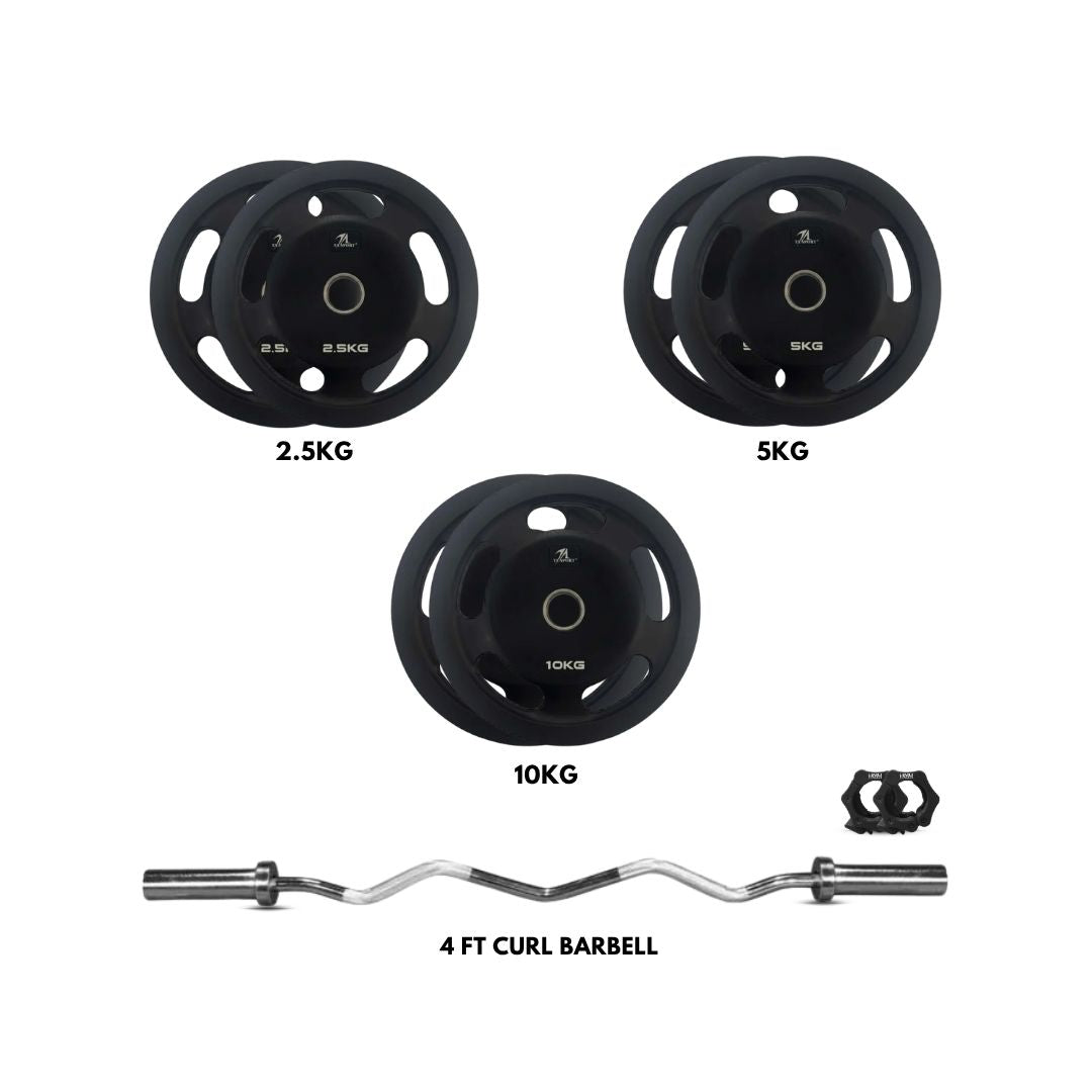 Ta Sport Olympic Rubber Coated Weight Plates (2.5kg, 5kg & 10kg) with Level Fitness 4 Ft Olympic Curl Barbell Combo