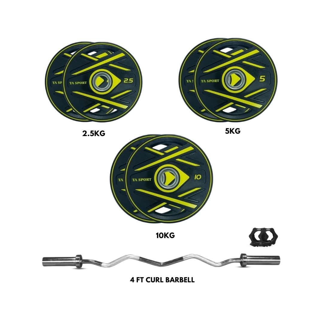 Ta Sport CPU Coated Olympic Weight Plates (2.5kg, 5kg & 10kg) with Level Fitness 4 Ft Olympic Curl Barbell Combo