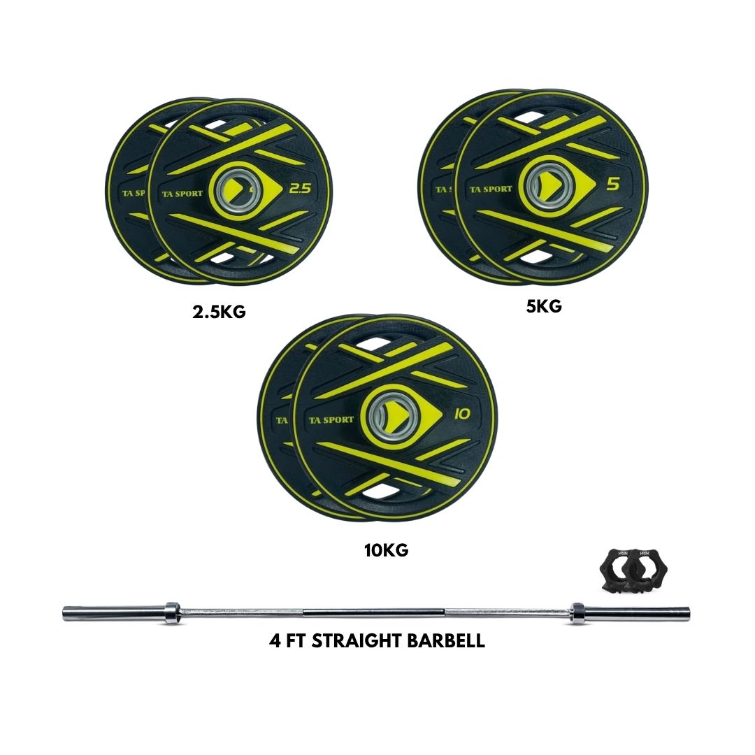 TA SPORT CPU Coated Olympic Weight Plates (2.5kg, 5kg & 10kg) with Level Fitness 4 Ft Straight Olympic Barbell Combo