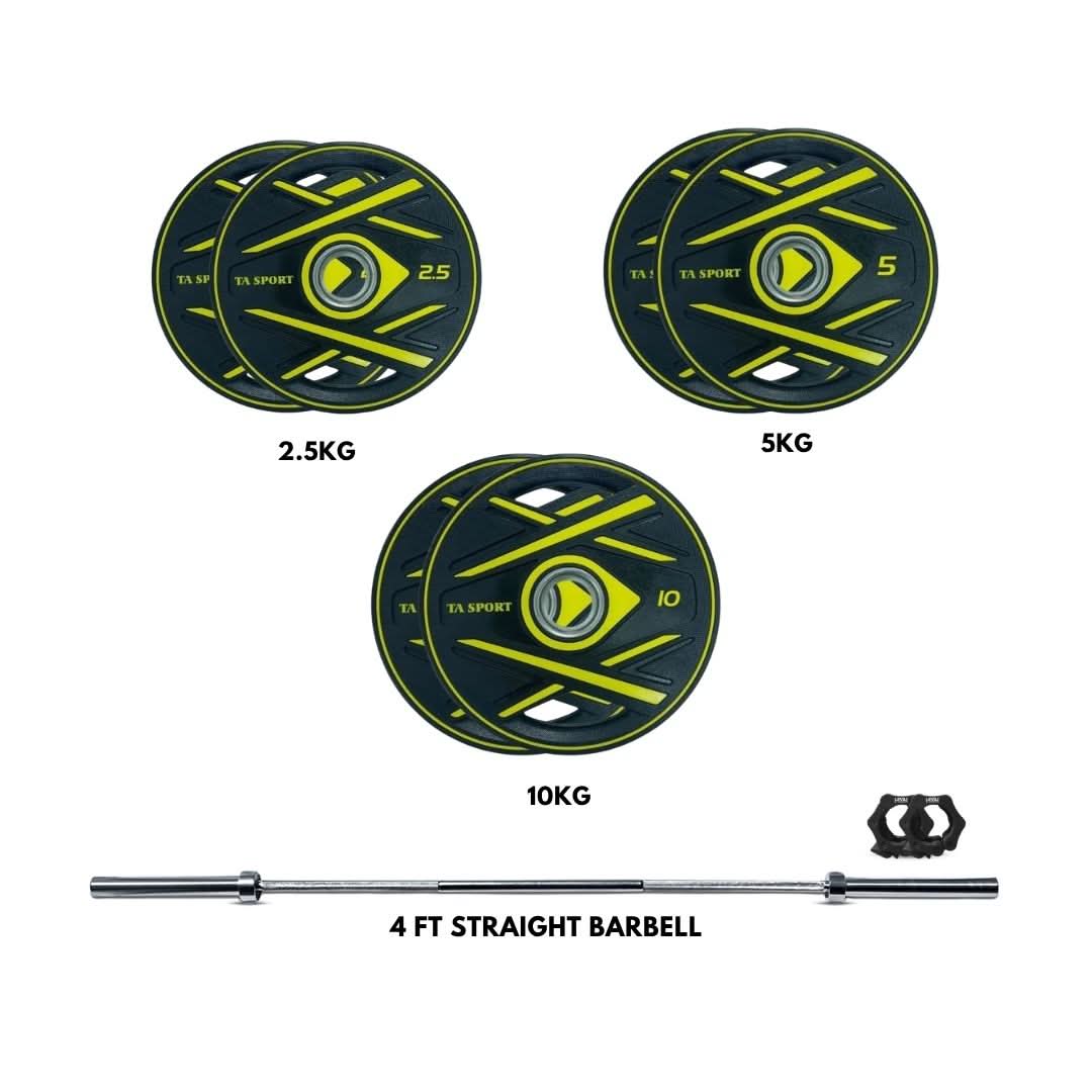 Ta Sport CPU Coated Olympic Weight Plates (2.5kg, 5kg & 10kg) with Level Fitness 4 Ft Straight Olympic Barbell Combo