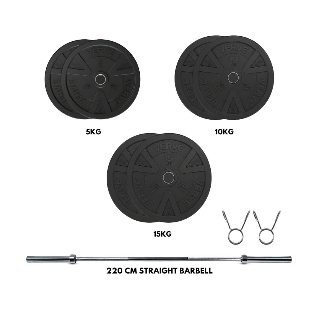 VERVE Black Rubber Bumper Plate Set (80kg) with TA SPORT 220cm Olympic Weightlifting Barbell Combo
