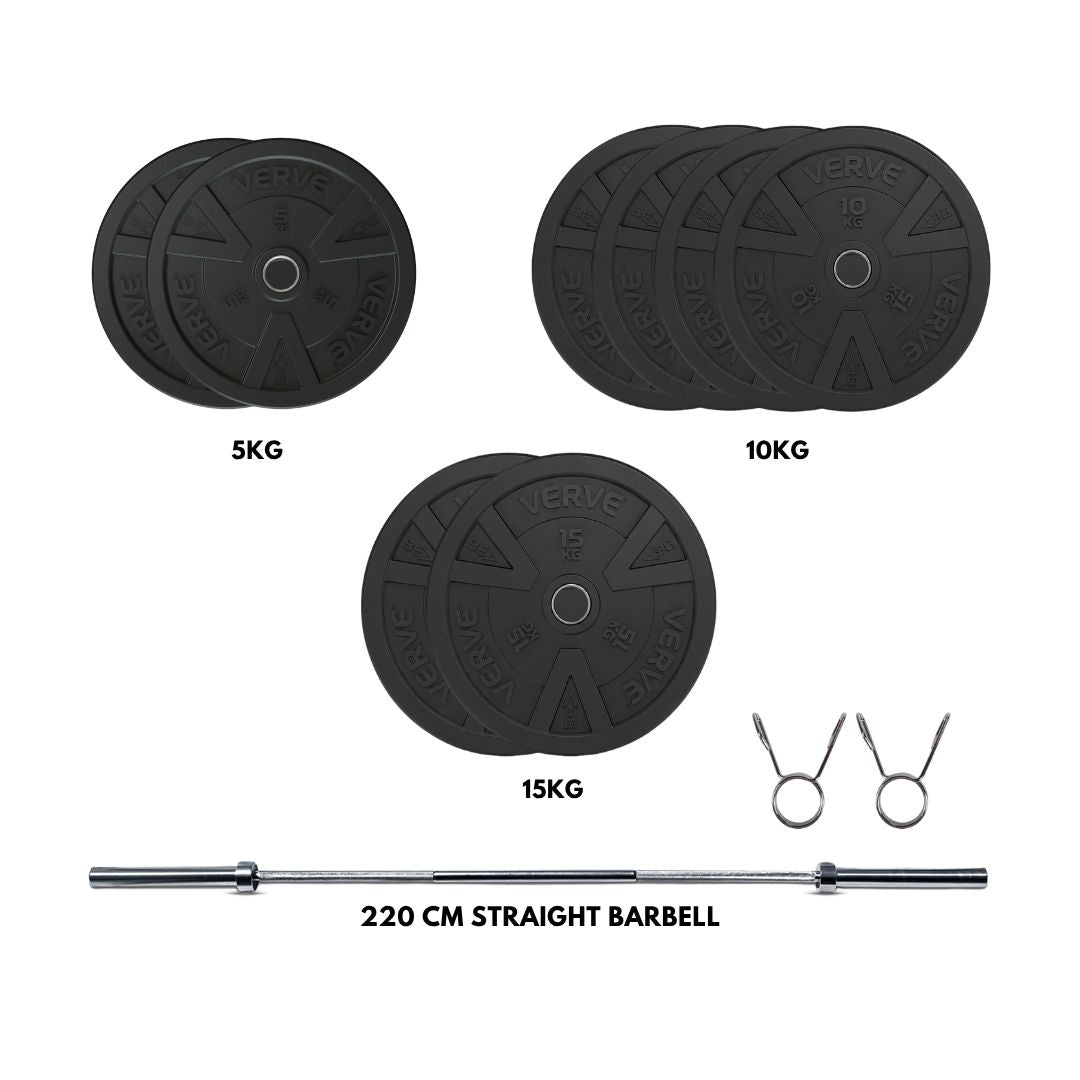 VERVE Black Rubber Bumper Plate Set (100kg) with TA SPORT 220cm Olympic Weightlifting Barbell Combo