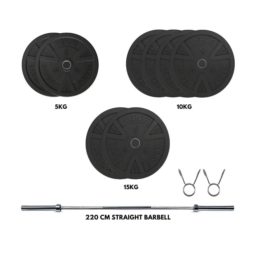 VERVE Black Rubber Bumper Plate Set (100kg) with TA SPORT 220cm Olympic Weightlifting Barbell Combo