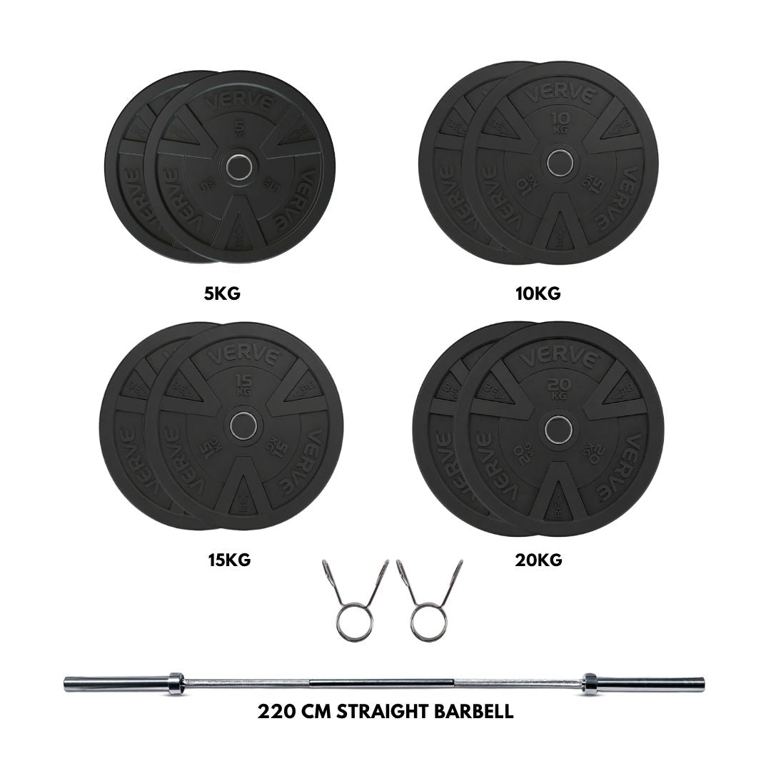 VERVE Black Rubber Bumper Plate Set (120kg) with TA SPORT 220cm Olympic Weightlifting Barbell Combo