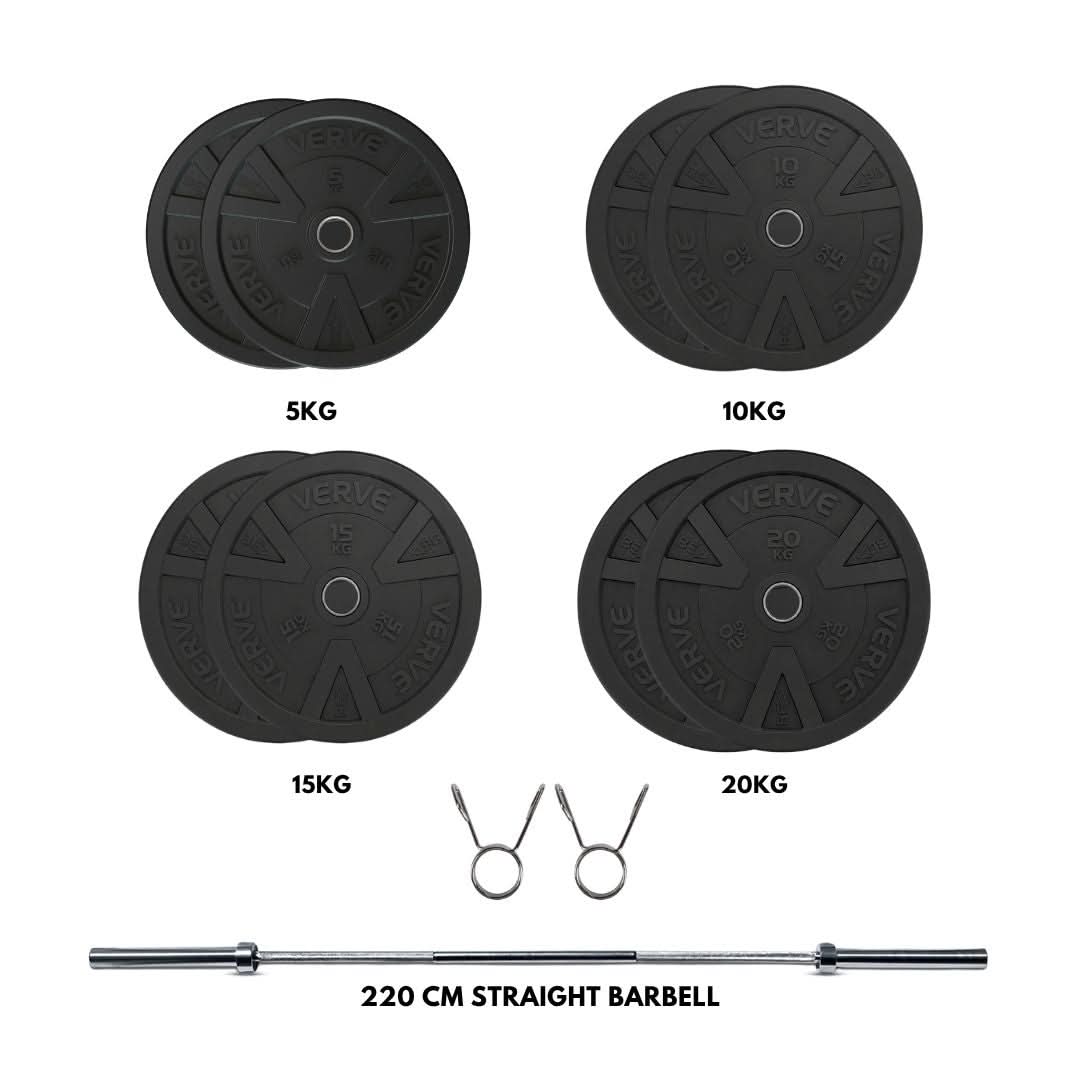 VERVE Black Rubber Bumper Plate Set (120kg) with TA SPORT 220cm Olympic Weightlifting Barbell Combo