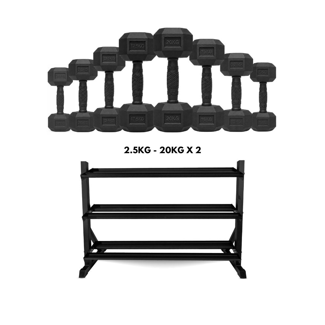 Liftdex Rubber Coated Dumbbell Set (2.5kg–45kg) with Level Fitness 3 Tier Dumbbell Rack