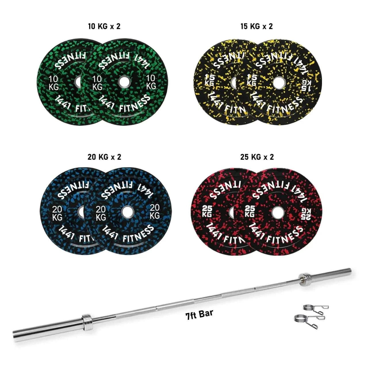 Combo 7 Ft Olympic Bar with Camouflage Bumper Plates - 160 KG Set | 1441 Fitness