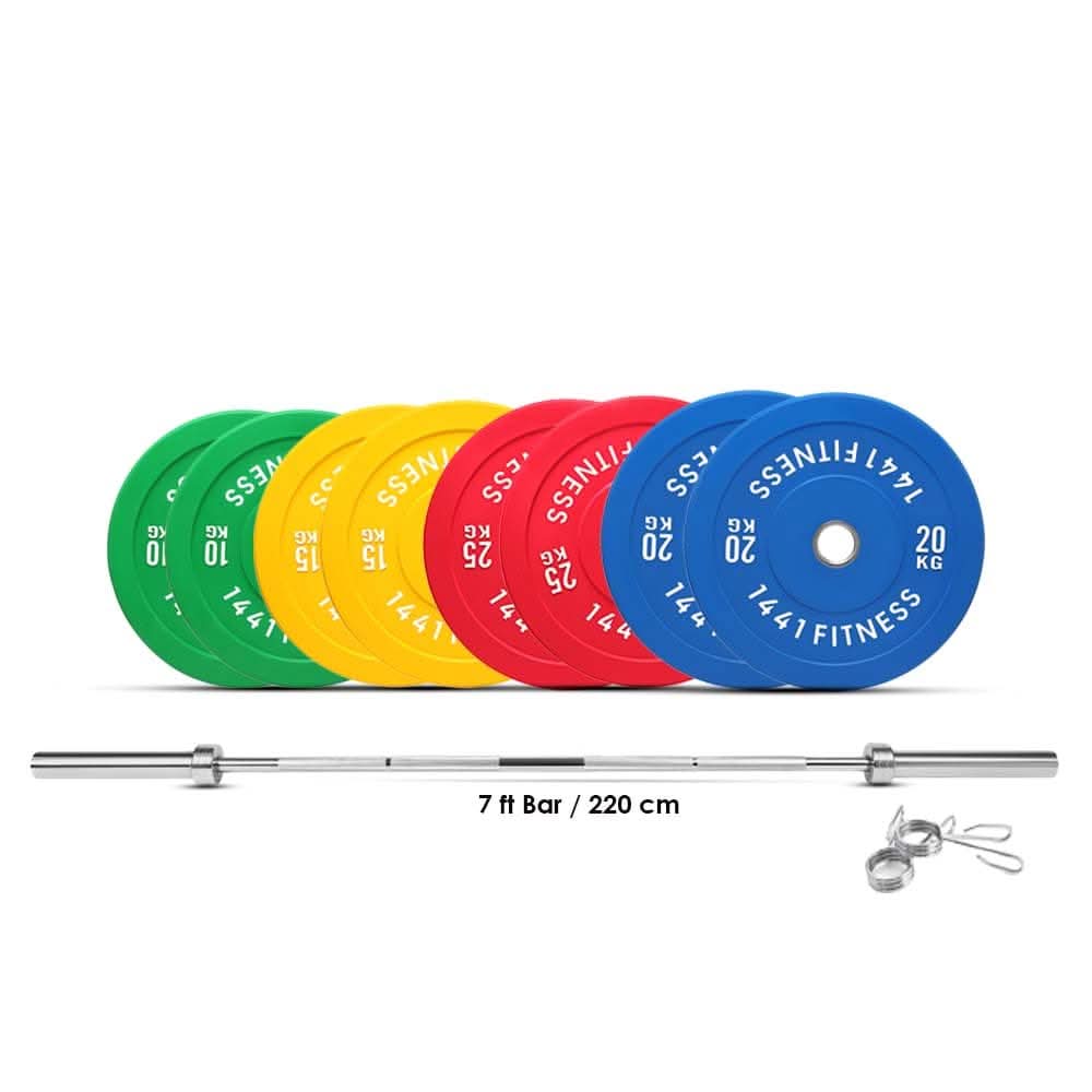 Combo 7 Ft Olympic Barbell And Color Bumper Plate Set - 160 KG | 1441 Fitness