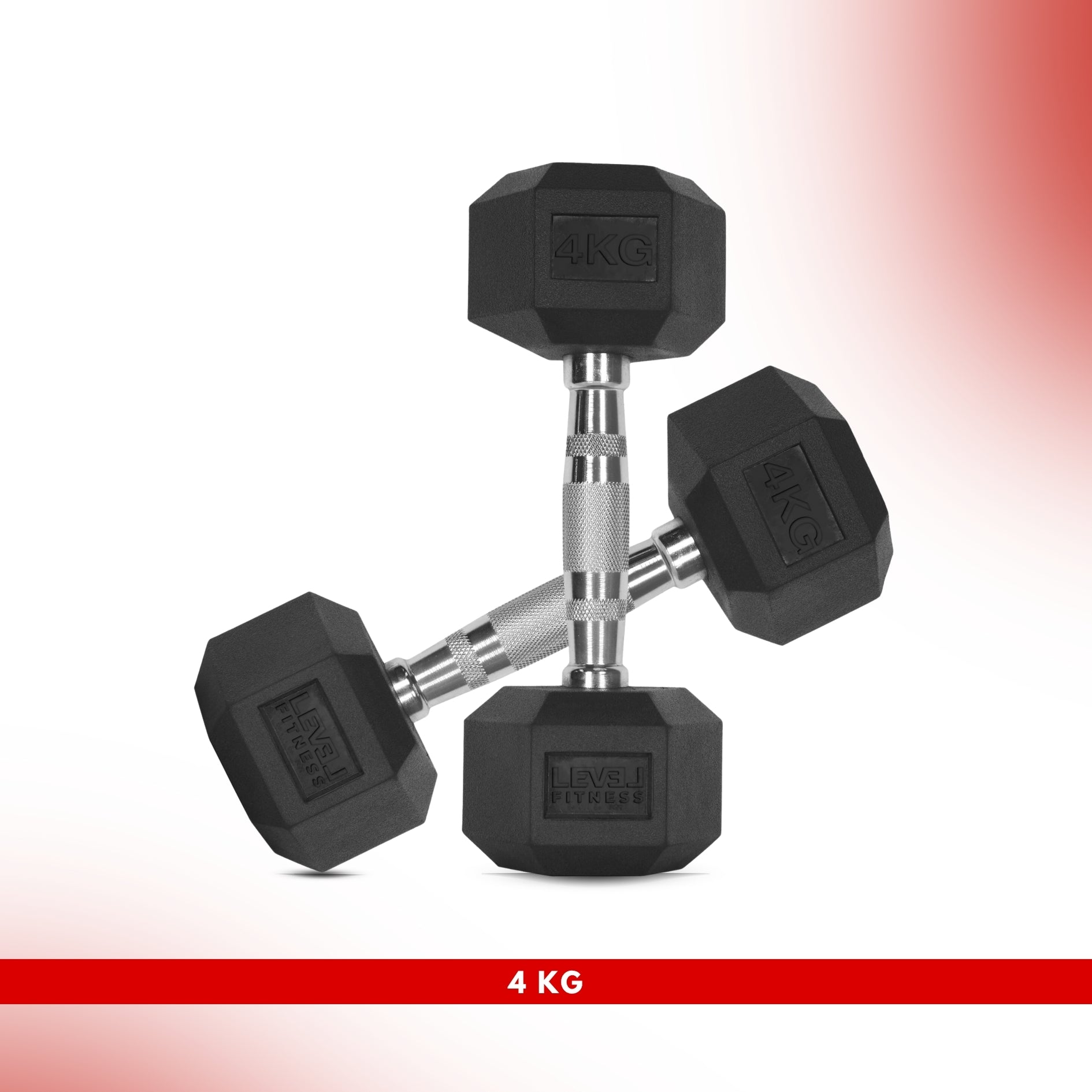 Level Fitness 1Kg -25Kg Rubber Hex Dumbbells in Kilogram | Sold In Pairs (2 pcs) | Tough & Durable | Chrome-Plated Ergonomic Handle 4 KG