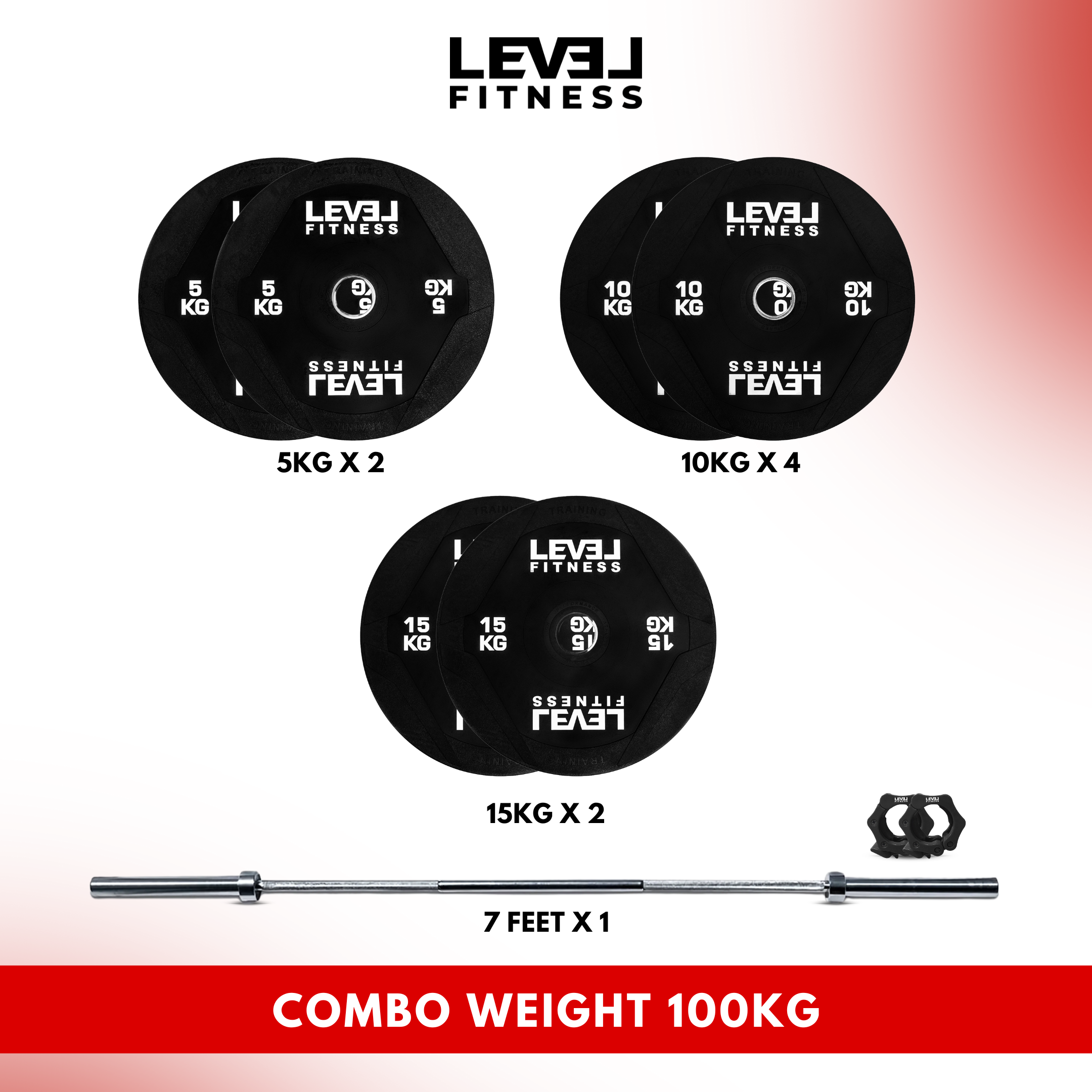 Combo 60Kg - 160Kg Sets | Level Fitness PU Black Olympic Plates Sets with 7 ft Olympic Barbell 100 KG