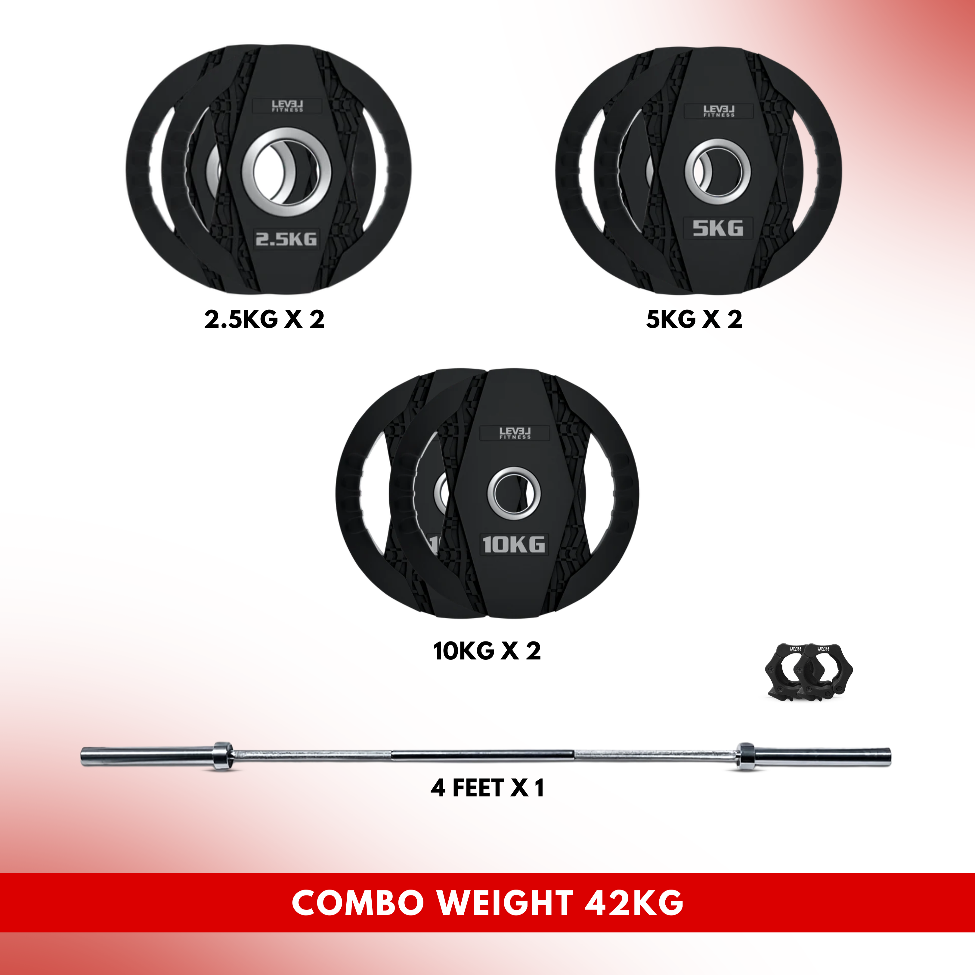 Combo 42 kg Body Pump Set | Level Fitness Dual Grip Plates With 4Ft Barbell