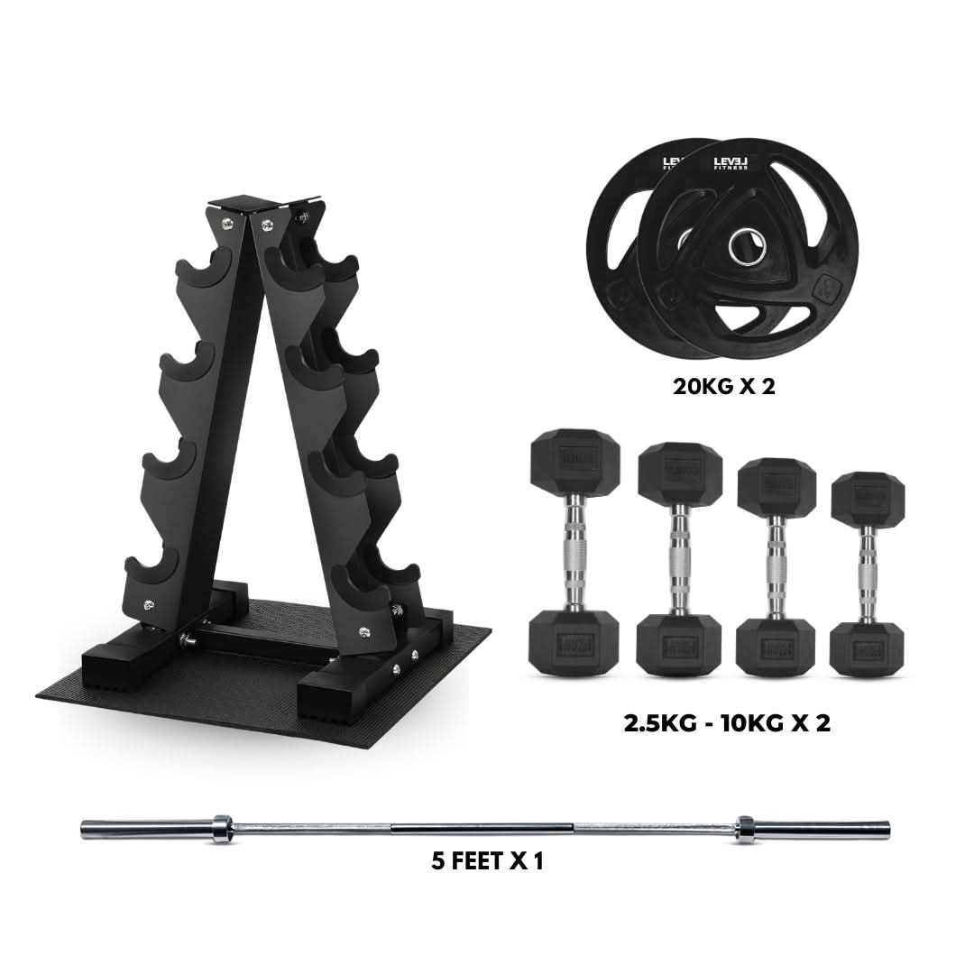 Starter Home Gym Package | 50 Kg Barbell Set, 50 Kg Dumbbells & Rack