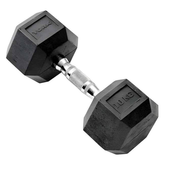 York, Commercial Rubber Hex Dumbbell, 35005, Black 10 Kg