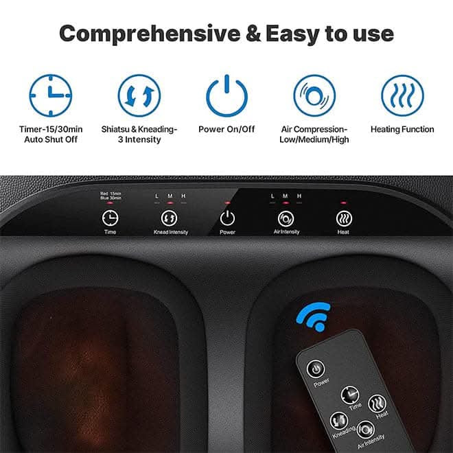 Renpho Foot Massager Machine with Heat, Shiatsu Deep Kneading Therapy With Remote Control, Black