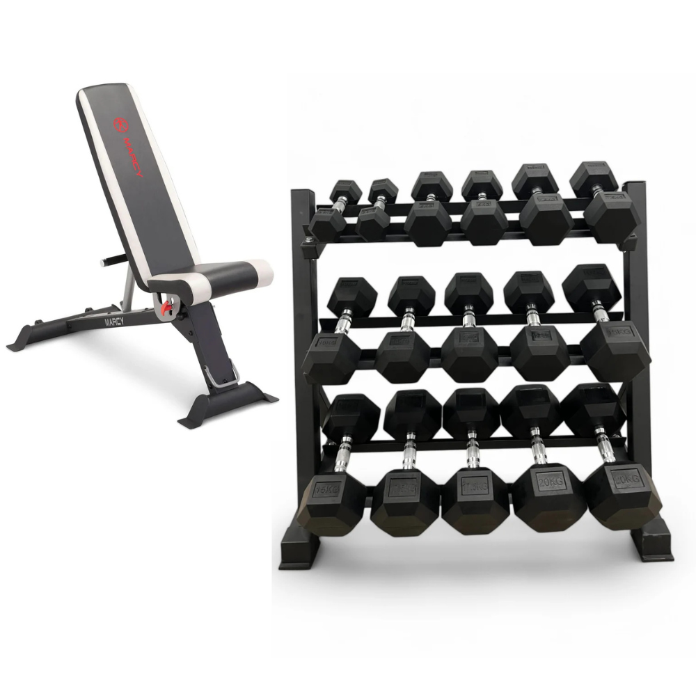 Level Fitness 2.5Kg to 20Kg Dumbbell Sets with 3 Tier Dumbbells Rack | 8 Pairs of Dumbbells Combo Set With Bench