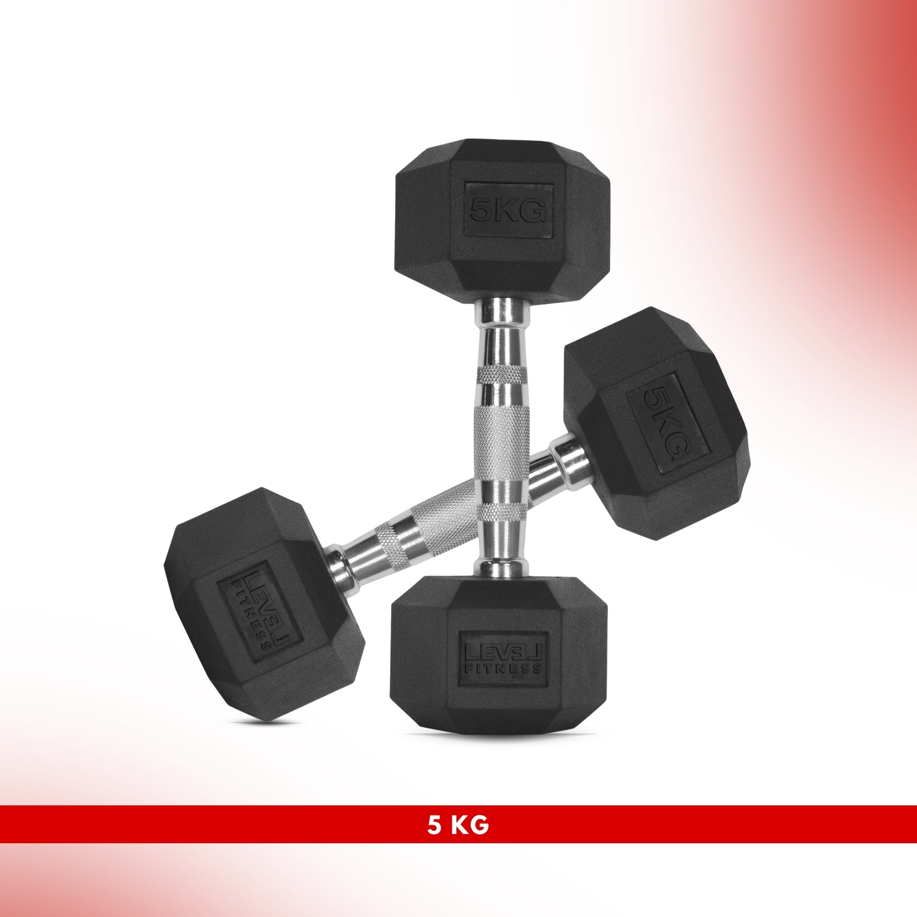 Level Fitness 1Kg -25Kg Rubber Hex Dumbbells in Kilogram | Sold In Pairs (2 pcs) | Tough & Durable | Chrome-Plated Ergonomic Handle 5 KG