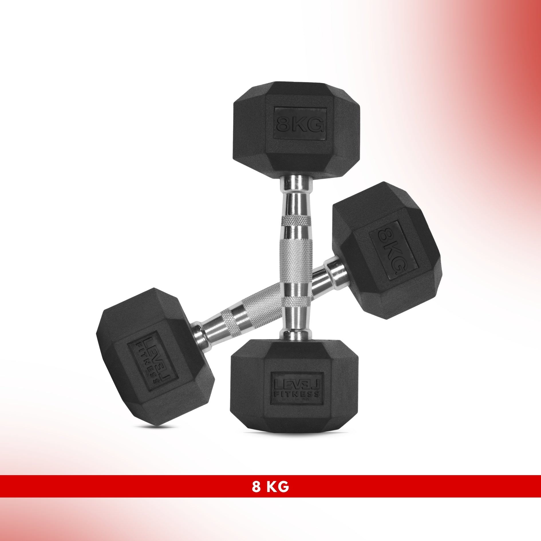 Level Fitness 1Kg -25Kg Rubber Hex Dumbbells in Kilogram | Sold In Pairs (2 pcs) | Tough & Durable | Chrome-Plated Ergonomic Handle 8 KG