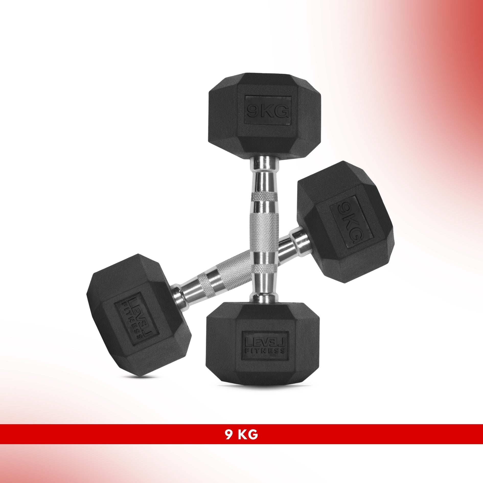 Level Fitness 1Kg -25Kg Rubber Hex Dumbbells in Kilogram | Sold In Pairs (2 pcs) | Tough & Durable | Chrome-Plated Ergonomic Handle 9 KG