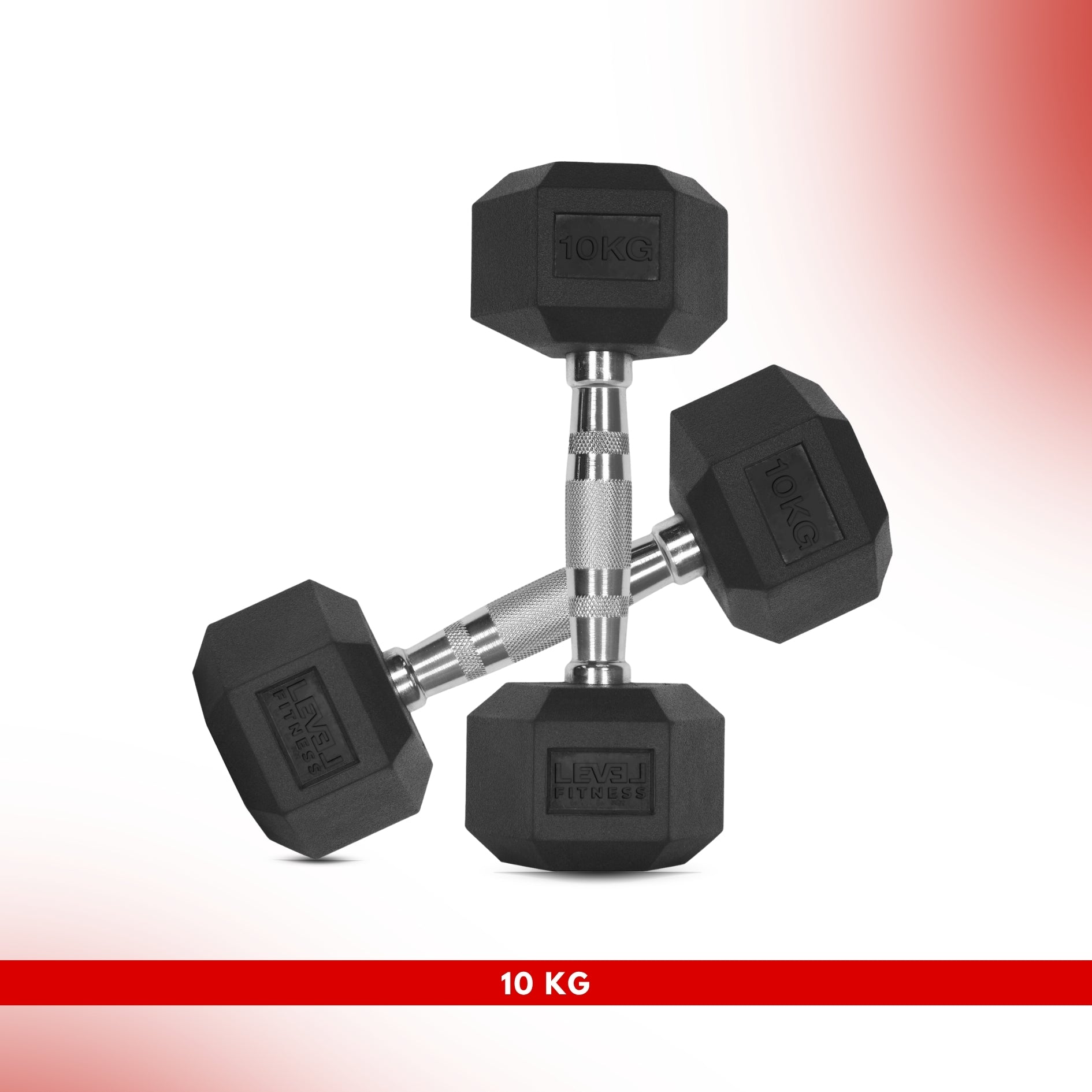 Level Fitness 1Kg -25Kg Rubber Hex Dumbbells in Kilogram | Sold In Pairs (2 pcs) | Tough & Durable | Chrome-Plated Ergonomic Handle 10 kg