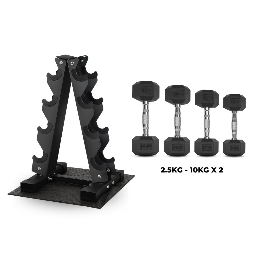 Level Fitness 50Kg Hex Dumbbell Set | 2.5–10Kg | With or Without 4-Tier Rack With Rack
