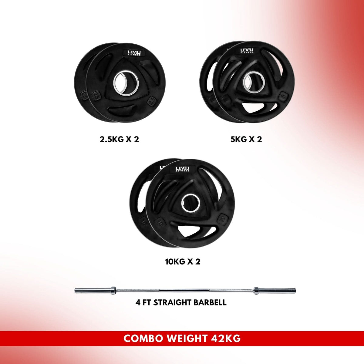 Combo 42 kg Body Pump Set | Level Fitness Tri Grip Plates With 4Ft Barbell Multi Plates (2.5KG 5KG 10KG)