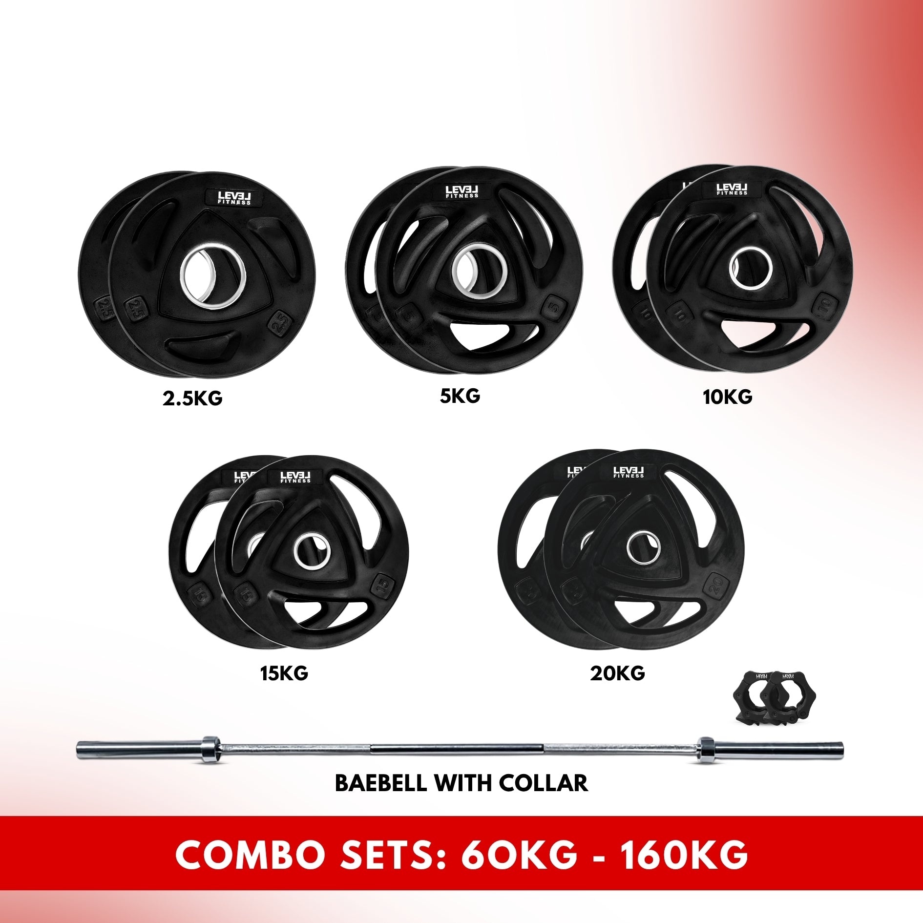 Combo 60KG - 160KG Sets | Level Fitness Tri Grip Olympic Plates with Olympic Barbell