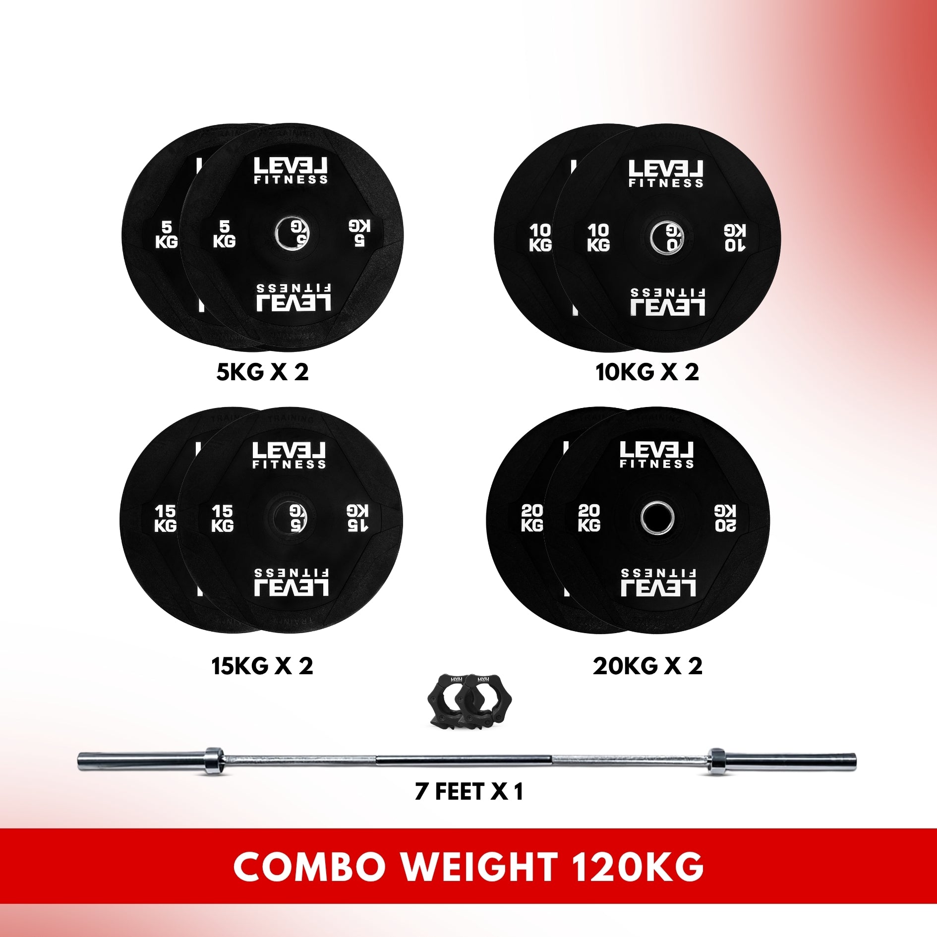 Combo 60Kg - 160Kg Sets | Level Fitness PU Black Olympic Plates Sets with 7 ft Olympic Barbell 120 KG