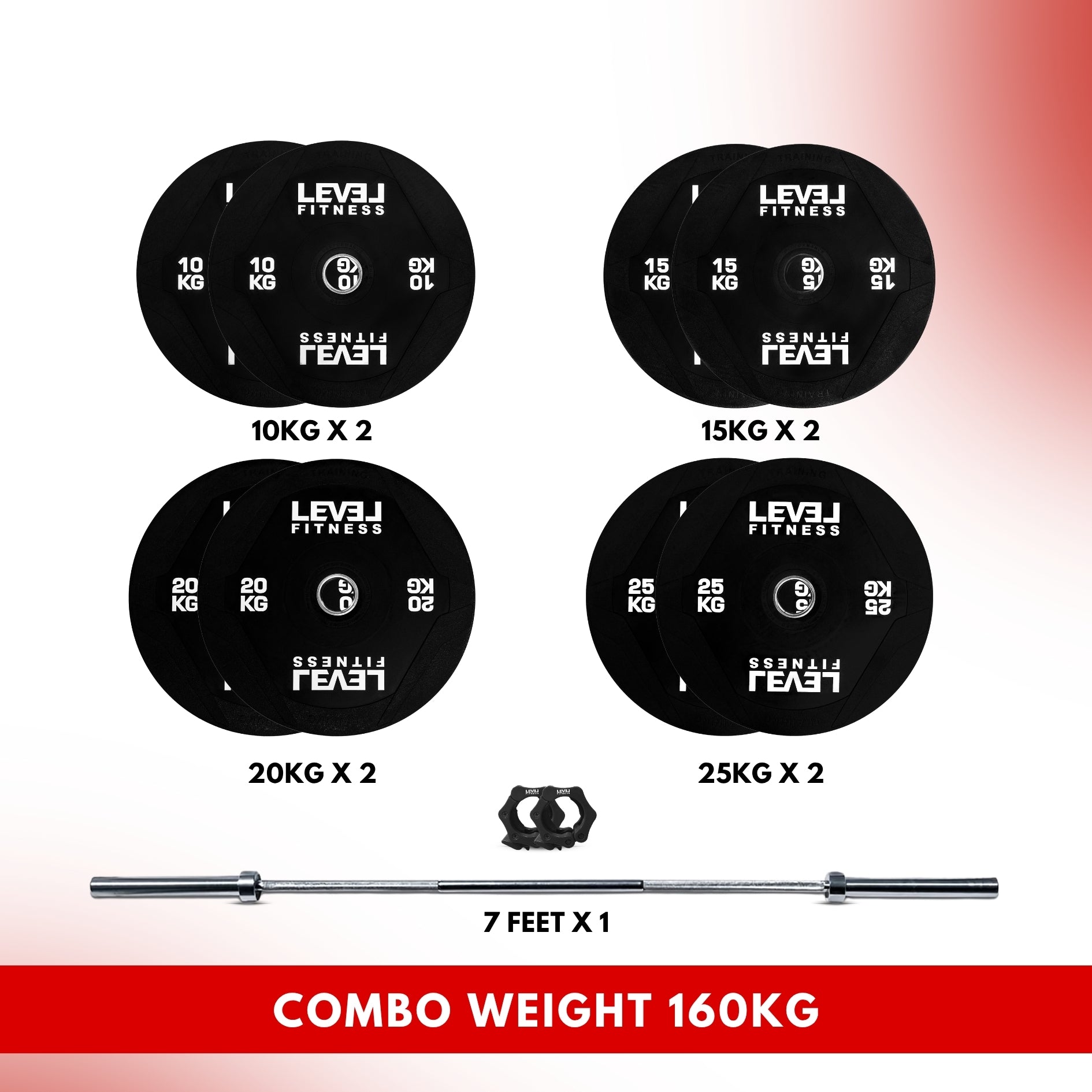 Combo 60Kg - 160Kg Sets | Level Fitness PU Black Olympic Plates Sets with 7 ft Olympic Barbell 160 KG