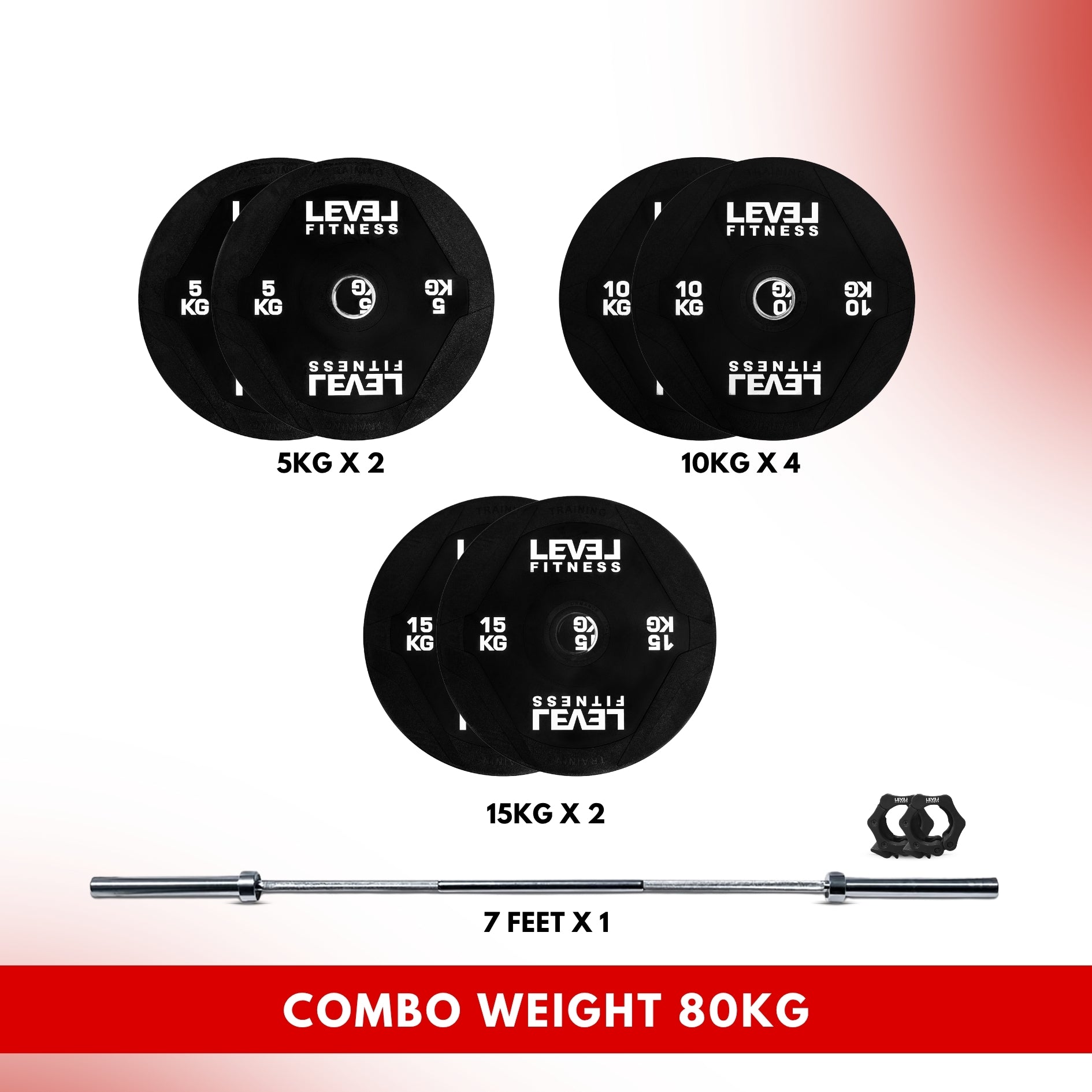 Combo 60Kg - 160Kg Sets | Level Fitness PU Black Olympic Plates Sets with 7 ft Olympic Barbell 80 KG