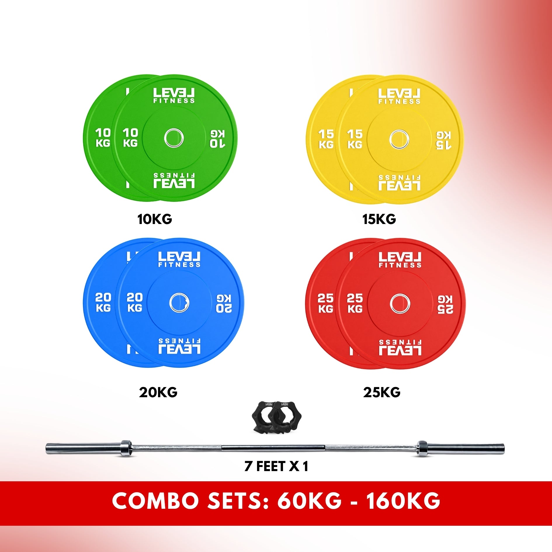 Combo 60Kg - 160Kg Sets | Level Fitness Color Olympic Plates with 7 ft Olympic Barbell 160 KG