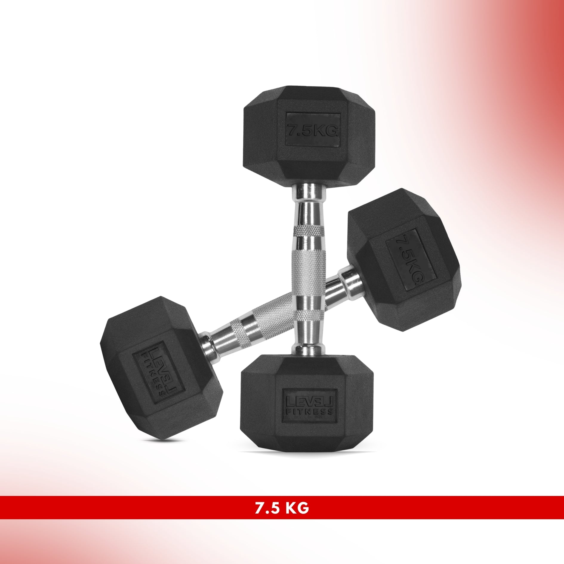 Level Fitness 1Kg -25Kg Rubber Hex Dumbbells in Kilogram | Sold In Pairs (2 pcs) | Tough & Durable | Chrome-Plated Ergonomic Handle 7.5 KG