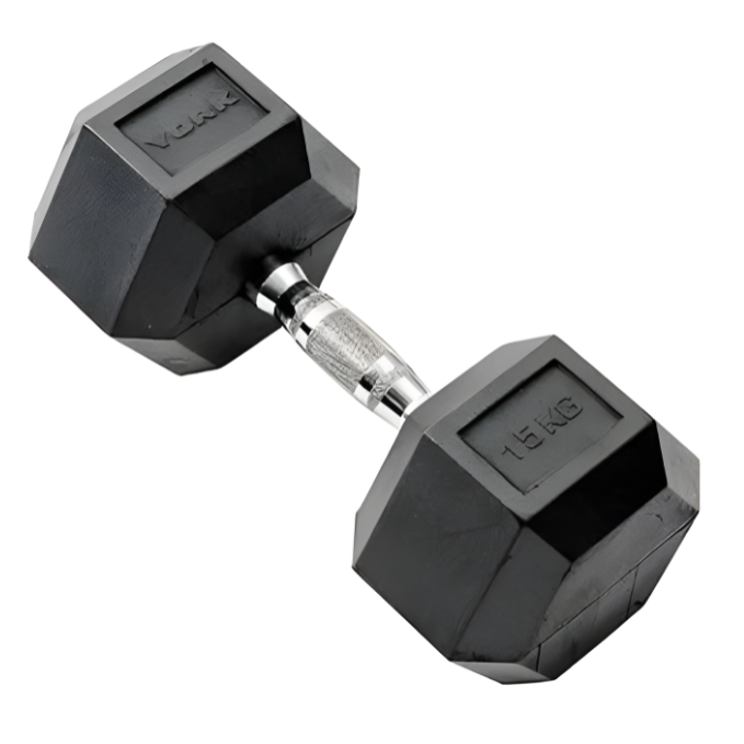York, Commercial Rubber Hex Dumbbell, 35005, Black 15 Kg
