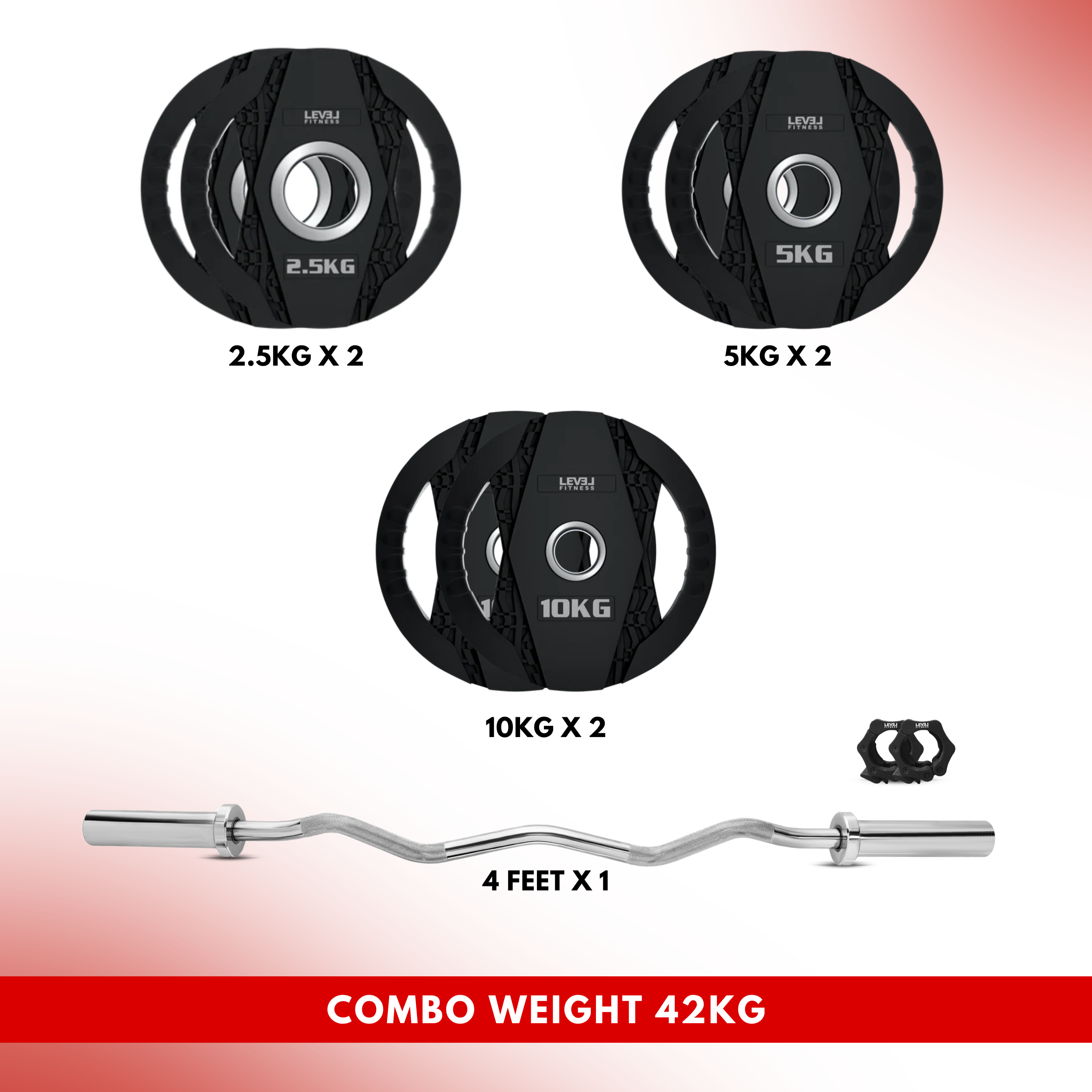 Combo 42 kg Body Pump Set | Level Fitness Dual Grip Plates With 4Ft Barbell