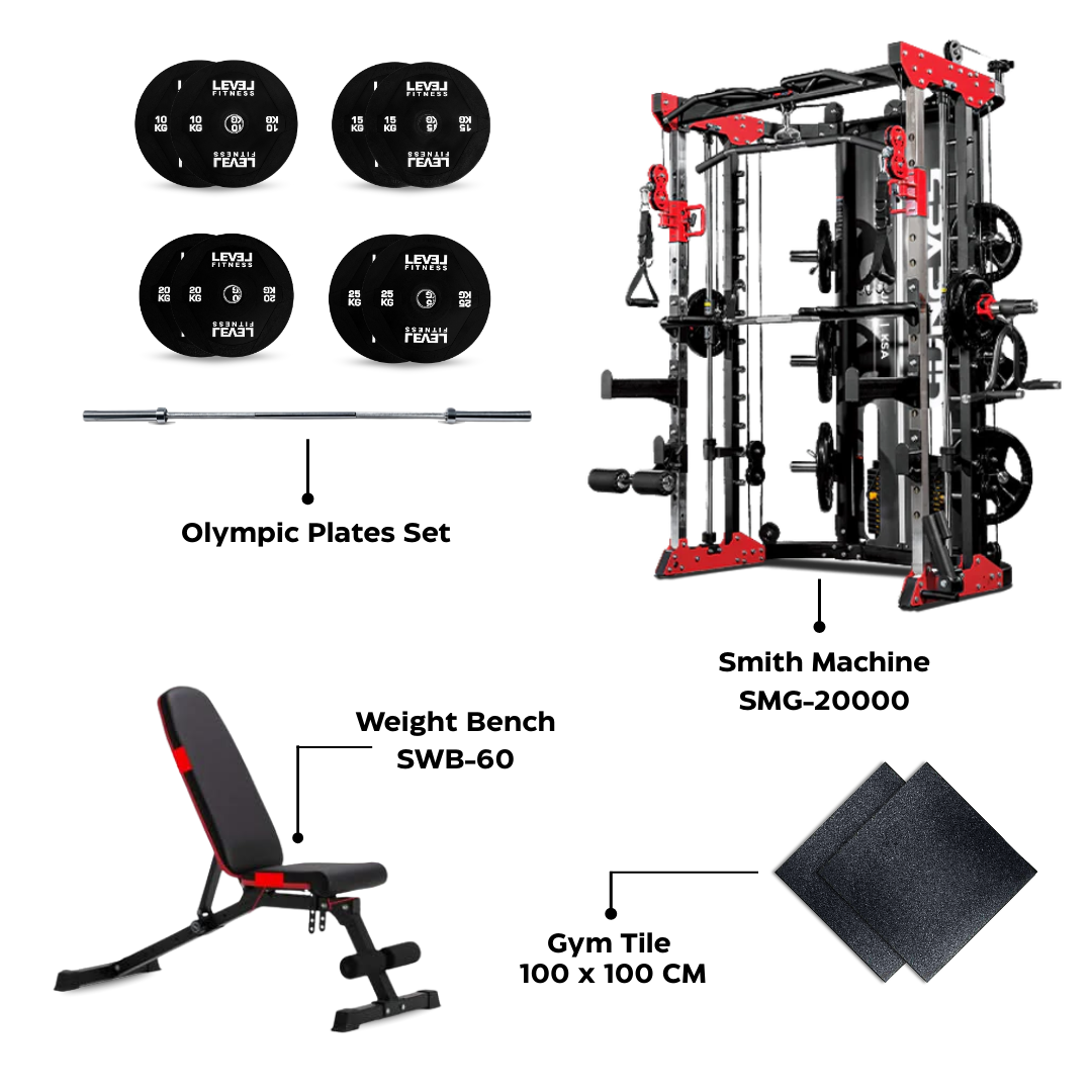 Combo| Home Gym | SMG-20000 with 120 KG Black PU Plates, Bench with 4 x 15mm Tile