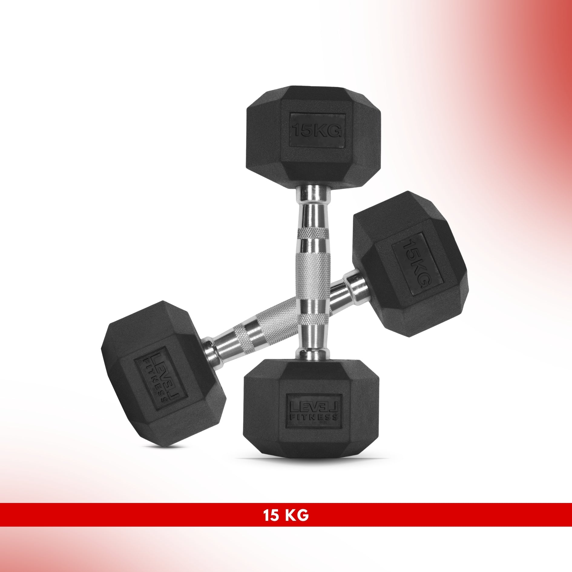 Level Fitness 1Kg -25Kg Rubber Hex Dumbbells in Kilogram | Sold In Pairs (2 pcs) | Tough & Durable | Chrome-Plated Ergonomic Handle 15 KG