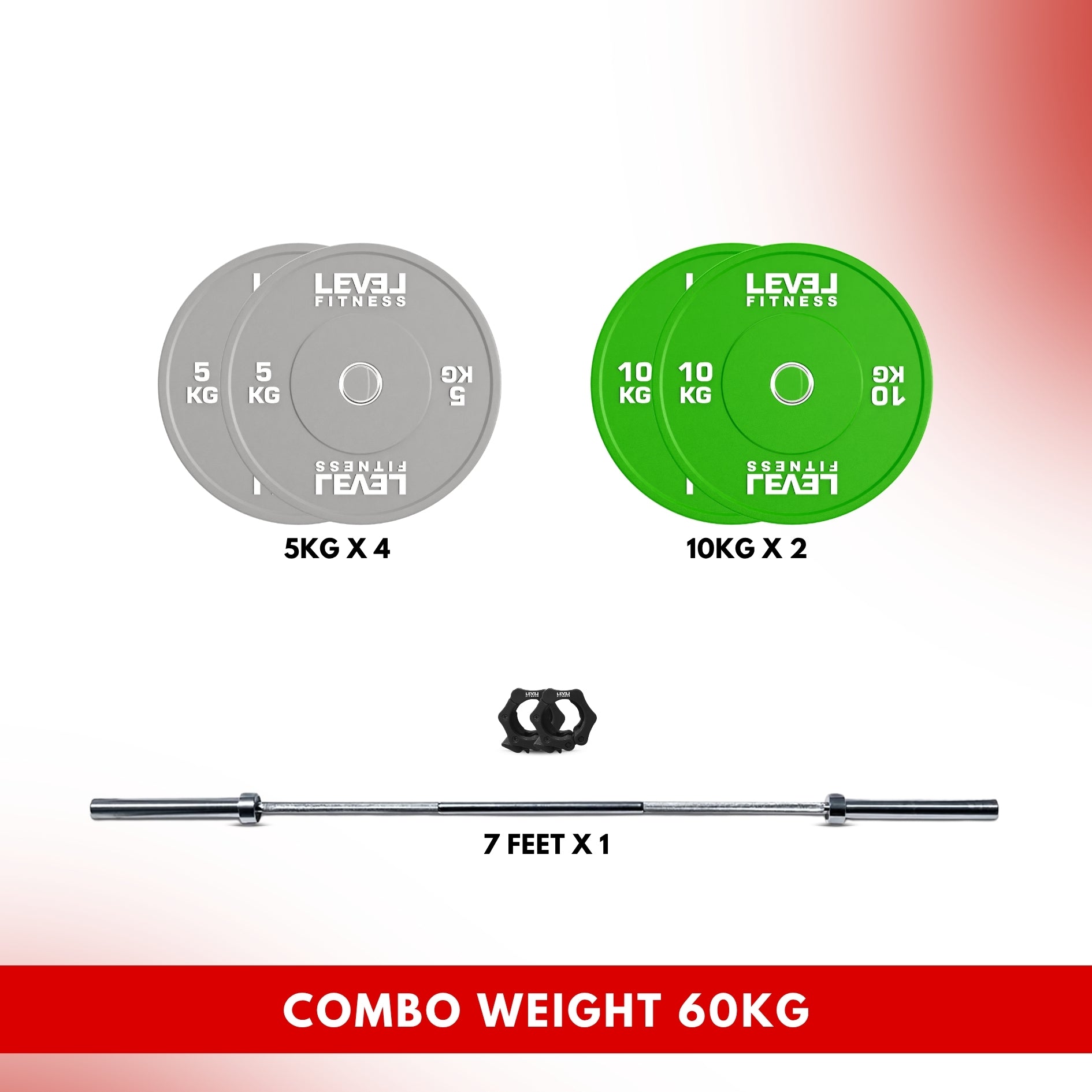 Combo 60Kg - 160Kg Sets | Level Fitness Color Olympic Plates with 7 ft Olympic Barbell 60 Kg