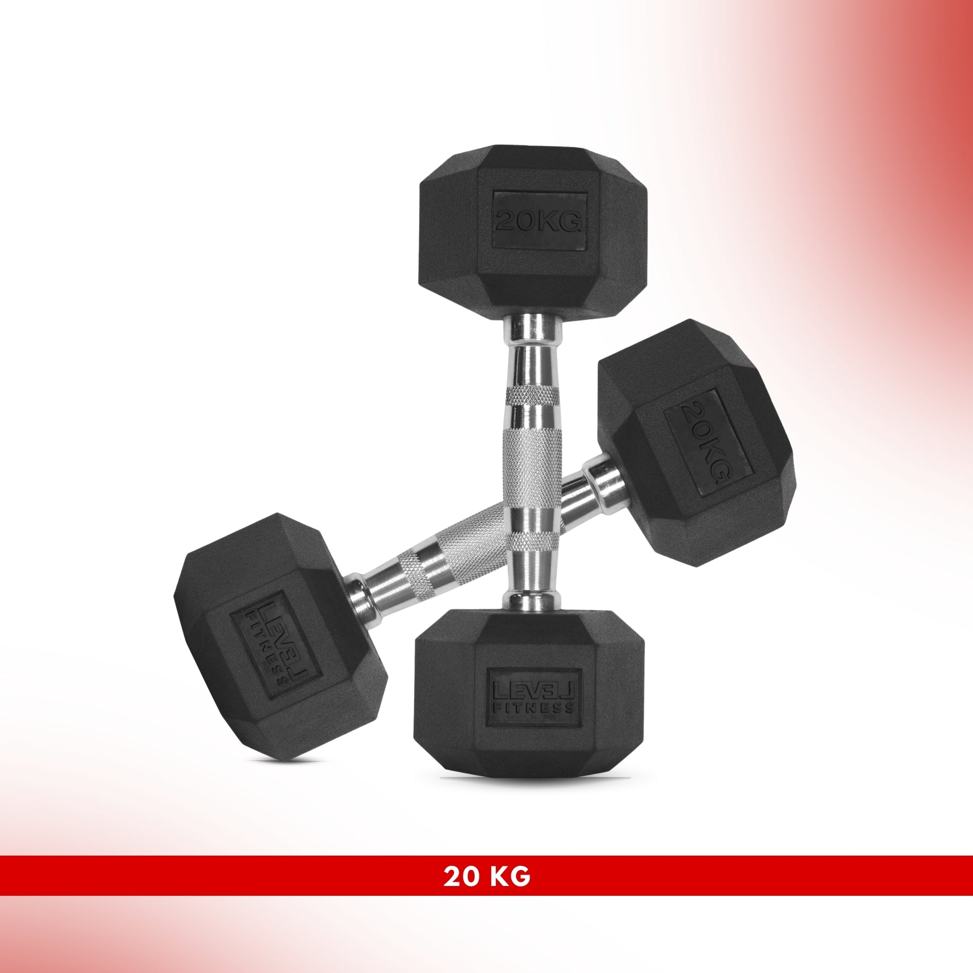 Level Fitness 1Kg -25Kg Rubber Hex Dumbbells in Kilogram | Sold In Pairs (2 pcs) | Tough & Durable | Chrome-Plated Ergonomic Handle 20 KG
