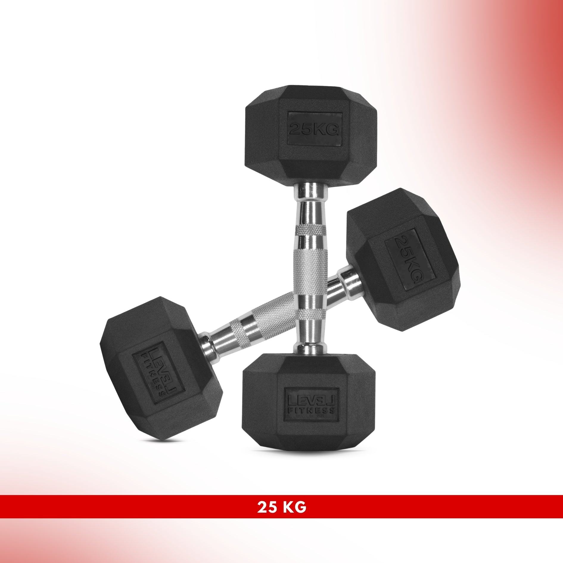 Level Fitness 1Kg -25Kg Rubber Hex Dumbbells in Kilogram | Sold In Pairs (2 pcs) | Tough & Durable | Chrome-Plated Ergonomic Handle 25 KG