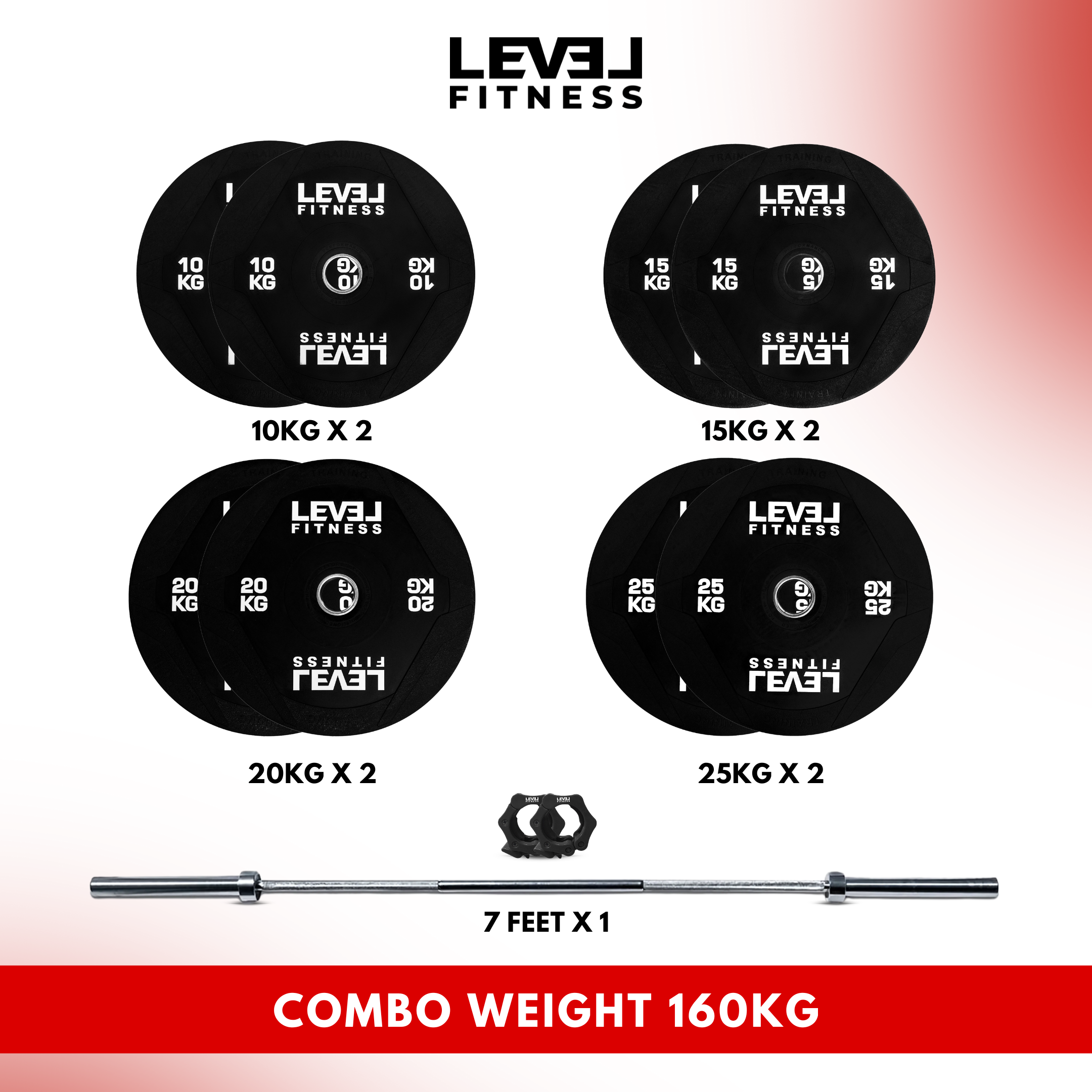 Combo | Level Fitness 7 ft Olympic Barbell with PU Black Olympic Plates Set | 160 Kg Set