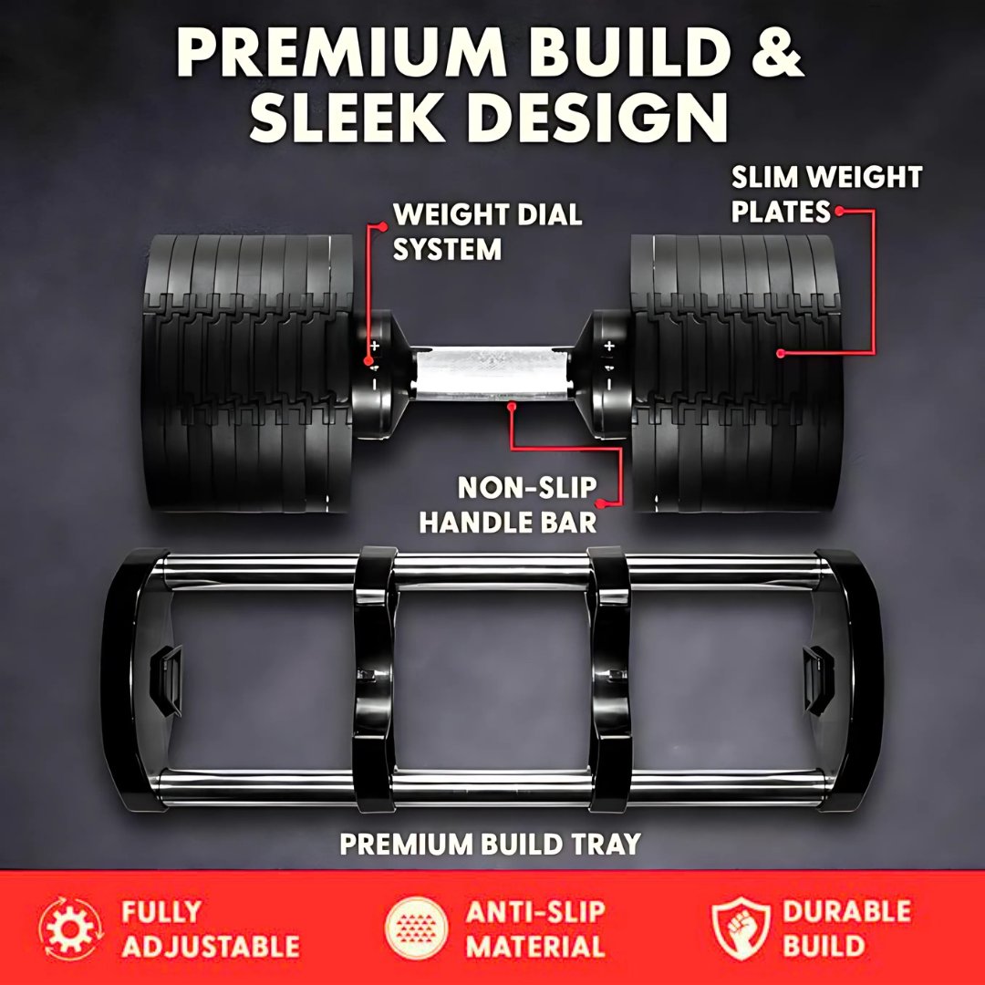 Level Fitness Adjustable Dumbbells, 2kg to 32kg, Pair