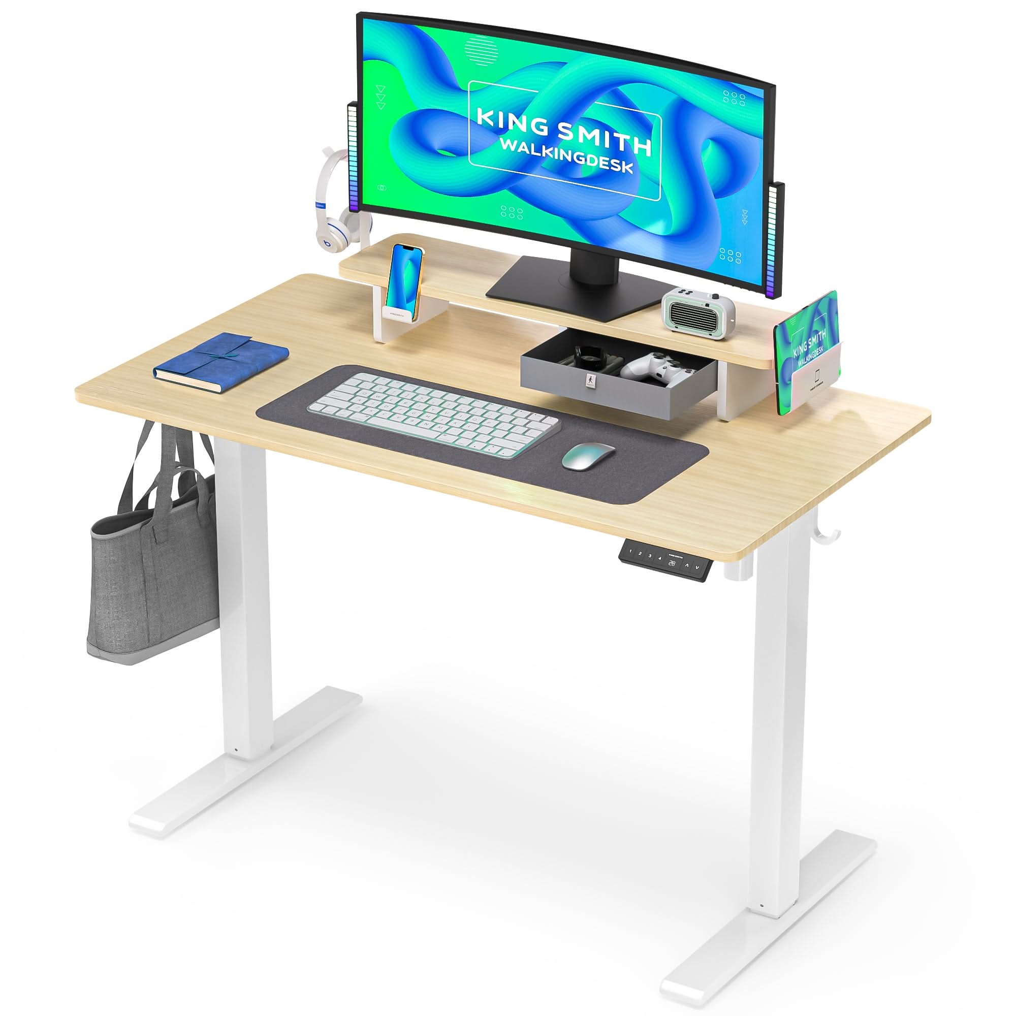 Kingsmith ETSFI21 Smart Adjustable Electric Standing Desk with Drawer and Monitor Stand Oak