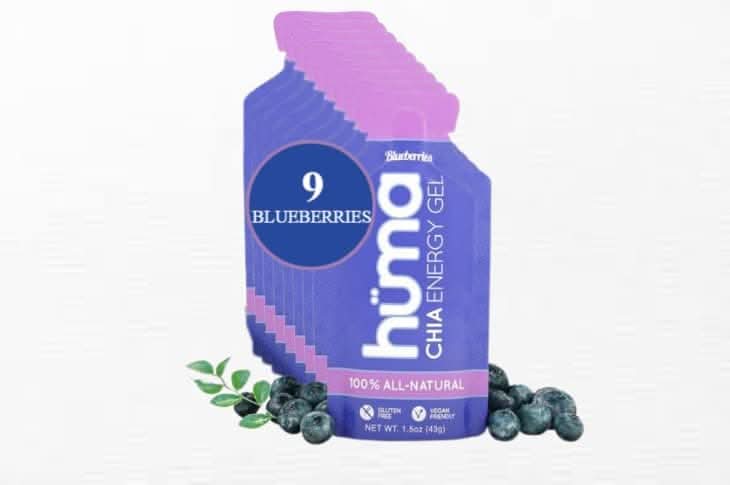 Huma Chia Energy Gel - 9 count x 43g - 21gr Carbs, 105mg Sodium, 100% All Natural, Vegan, Gluten Free, Caffeine Free, No Stomach Problems, Great Taste, Easy Digestion Blueberries