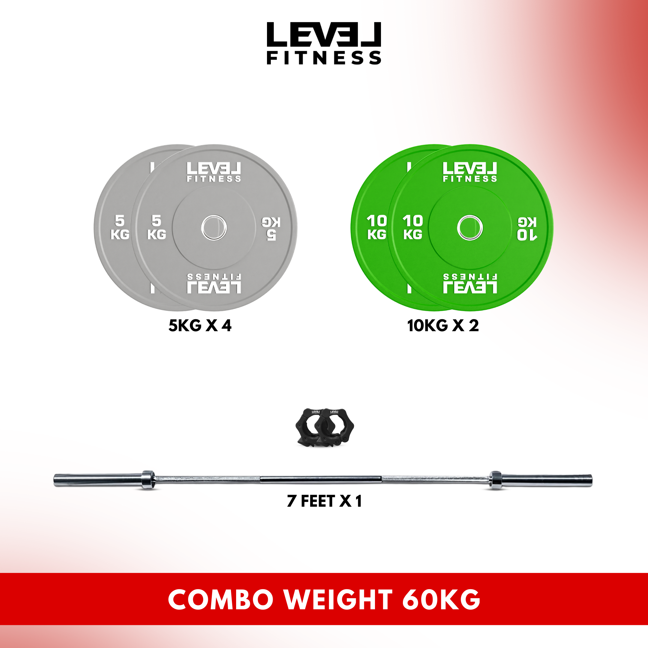 Combo | Level Fitness 7 ft Olympic Barbell with Color Olympic Plates Set | 60 kg Set