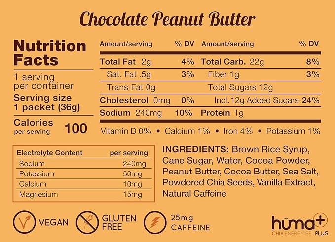 Huma Chia Energy Gel Plus - 9 count x 41g - 21gr Carbs, 240mg Sodium, 2x Electrolytes, 100% All Natural, Vegan, Gluten Free, Caffeine Free, No Stomach Problems, Easy Digestion
