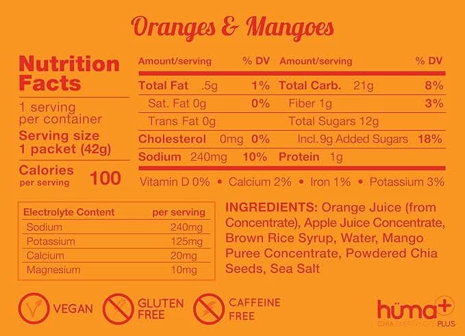 Huma Chia Energy Gel Plus - 9 count x 41g - 21gr Carbs, 240mg Sodium, 2x Electrolytes, 100% All Natural, Vegan, Gluten Free, Caffeine Free, No Stomach Problems, Easy Digestion