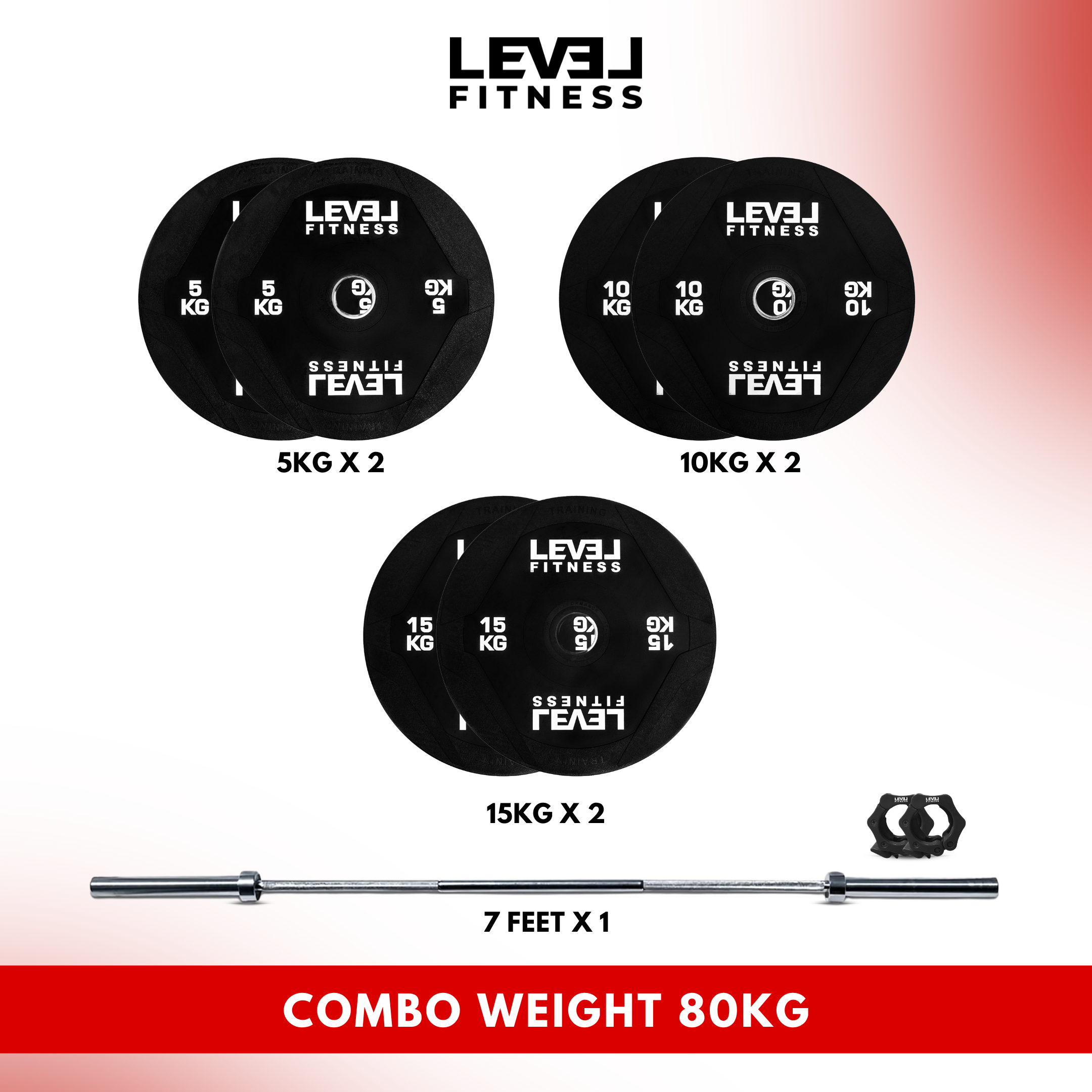 Combo | Level Fitness 7 ft Olympic Barbell with PU Black Olympic Plates Set | 80 Kg Set